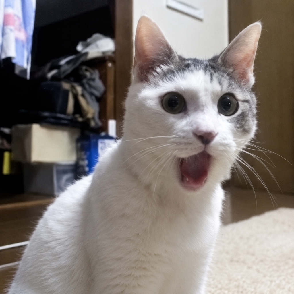 OMG Cat logo — shocked open-mouth white cat